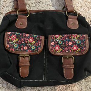 Black Brown Floral Cloth Handbag Purse